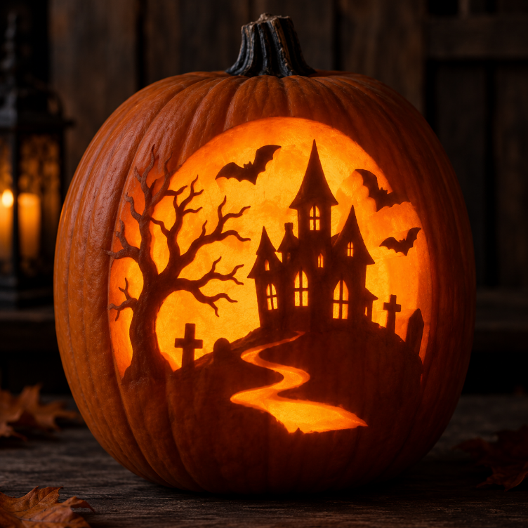 Halloween pumpkin carved with a haunted house design