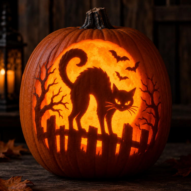 Halloween pumpkin carved with a black cat design