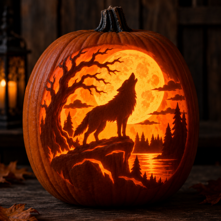 Halloween pumpkin carved with a howling wolf and moon design